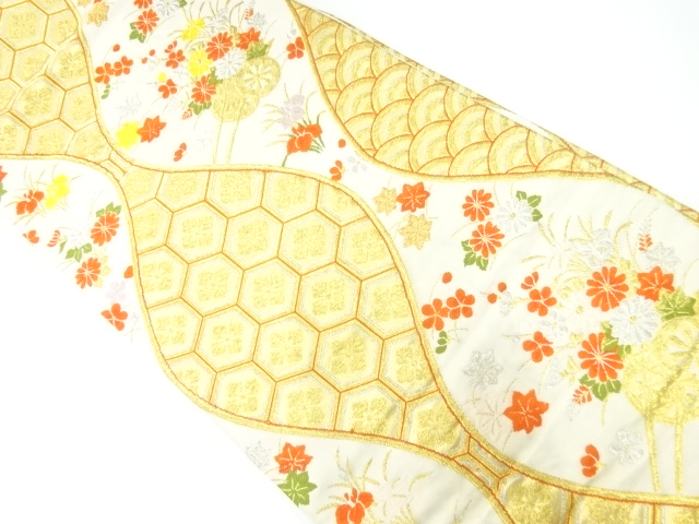 JAPANESE KIMONO / ANTIQUE FUKURO OBI / SILK / WOVEN TATEWAKU & FLORAL CART